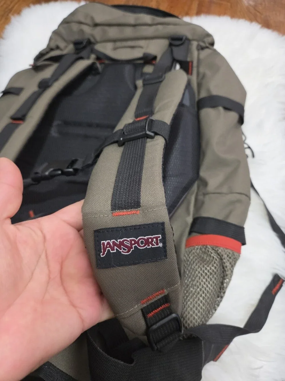 JanSport Khaki Roll-Top Hiking Backpack Camping with Orange Accents